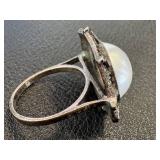 Sterling Silver Marcasite Faux Pearl Ring - Size 7