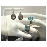 Aquamarine Rings (2) & Earrings in Sterling Silver - Ring Sizes 8 and 8.25 (Lot of 3)