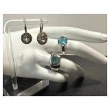 Aquamarine Rings (2) & Earrings in Sterling Silver - Ring Sizes 8 and 8.25 (Lot of 3)