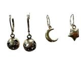 Sterling Silver Moon and Star Earrings Set - 0.75-Inch Drops