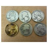 6 - 90% Silver Washington Quarters