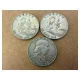 3 Franklin Half Dollars 1952 & 2 1950