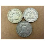 3 Franklin Half Dollars 1952 & 2 1950