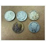 Silver Dimes - 2 Mercury & 3 Roosevelt