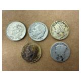 Silver Dimes - 2 Mercury & 3 Roosevelt