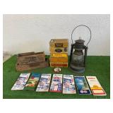 Mixed Vintage Lot - Lantern, Service Station Maps, Cigar Boxes