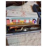Vintage Musical Instrument Lot – Bagpipes Set, Hohner Harmonicas, Yamaha Harmonica, Tonette