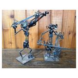 Signed “DFE” Welded Scrap Metal Musician Sculptures – Violin & Guitar Players – Industrial Art Pair