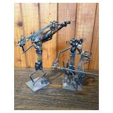Signed “DFE” Welded Scrap Metal Musician Sculptures – Violin & Guitar Players – Industrial Art Pair