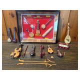 Framed Asian Miniature Instrument Display + Vintage Mini String Instruments – Violin, Lute, Guitar Set