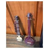 Framed Asian Miniature Instrument Display + Vintage Mini String Instruments – Violin, Lute, Guitar Set