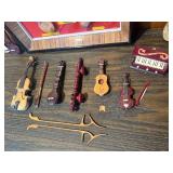 Framed Asian Miniature Instrument Display + Vintage Mini String Instruments – Violin, Lute, Guitar Set