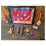 Framed Asian Miniature Instrument Display + Vintage Mini String Instruments – Violin, Lute, Guitar Set