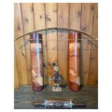 Carved Asian Wood Decor Set – Bow Wall Art, Mt. Fuji Vases, Figurine & Knife Display