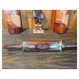 Carved Asian Wood Decor Set – Bow Wall Art, Mt. Fuji Vases, Figurine & Knife Display
