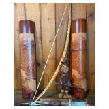 Carved Asian Wood Decor Set – Bow Wall Art, Mt. Fuji Vases, Figurine & Knife Display