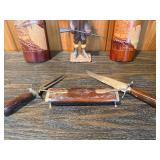 Carved Asian Wood Decor Set – Bow Wall Art, Mt. Fuji Vases, Figurine & Knife Display