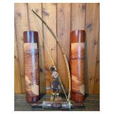 Carved Asian Wood Decor Set – Bow Wall Art, Mt. Fuji Vases, Figurine & Knife Display