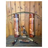 Carved Asian Wood Decor Set – Bow Wall Art, Mt. Fuji Vases, Figurine & Knife Display