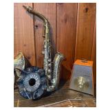 Vintage Music Display Lot – Brass Horns, Sax, Seth Thomas Metronomes, DECCA Records & Acoustic Guitar