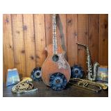 Vintage Music Display Lot – Brass Horns, Sax, Seth Thomas Metronomes, DECCA Records & Acoustic Guitar