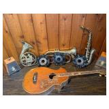Vintage Music Display Lot – Brass Horns, Sax, Seth Thomas Metronomes, DECCA Records & Acoustic Guitar