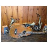 Vintage Music Display Lot – Brass Horns, Sax, Seth Thomas Metronomes, DECCA Records & Acoustic Guitar