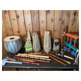 Vintage Folk Musical Instrument Lot – Drums, Flutes, Pan Pipes & Percussion