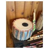 Vintage Folk Musical Instrument Lot – Drums, Flutes, Pan Pipes & Percussion
