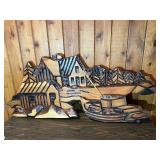 Hand-Carved Wooden Lakeside Cabin & Boat Wall Art