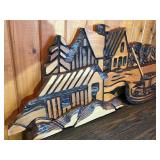 Hand-Carved Wooden Lakeside Cabin & Boat Wall Art