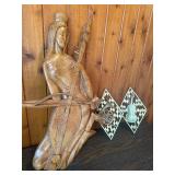 Large Hand Carved Wood Musician Sculpture + Wood Instrument Wall Plaques (3pc Décor Lot)