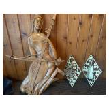 Large Hand Carved Wood Musician Sculpture + Wood Instrument Wall Plaques (3pc Décor Lot)