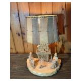 Hand-Carved Wooden Folk Art Table Lamp – Marcel Guay Atelier Quebec – Figural Fireplace Scene