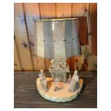 Hand-Carved Wooden Folk Art Table Lamp – Marcel Guay Atelier Quebec – Figural Fireplace Scene