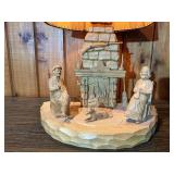 Hand-Carved Wooden Folk Art Table Lamp – Marcel Guay Atelier Quebec – Figural Fireplace Scene