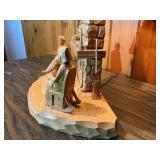 Hand-Carved Wooden Folk Art Table Lamp – Marcel Guay Atelier Quebec – Figural Fireplace Scene