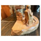 Hand-Carved Wooden Folk Art Table Lamp – Marcel Guay Atelier Quebec – Figural Fireplace Scene