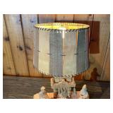 Hand-Carved Wooden Folk Art Table Lamp – Marcel Guay Atelier Quebec – Figural Fireplace Scene