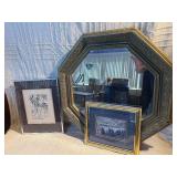 Vintage Wall Decor Lot – Ornate Mirror, Framed Art Prints (Dali, Golf Scene)