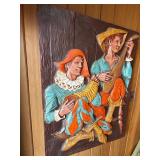 This vintage mid-century modern 3D wall sculpture, titled 'Jesters and Clowns' or 'Renaissance Minstrels,' is a fiberglass art piece by the artist J. Segura