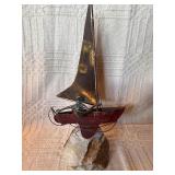 Signed Curtis Jere Sailboat Sculpture w/ Figure on Stone Base – Mid Century Modern