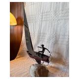 Signed Curtis Jere Sailboat Sculpture w/ Figure on Stone Base – Mid Century Modern