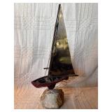 Signed Curtis Jere Sailboat Sculpture w/ Figure on Stone Base – Mid Century Modern