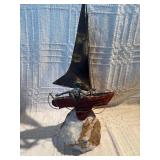 Signed Curtis Jere Sailboat Sculpture w/ Figure on Stone Base – Mid Century Modern