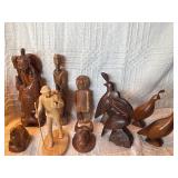 Vintage Hand Carved Wood Sculpture Lot – Birds, Folk Art Figures, Asian Carvings