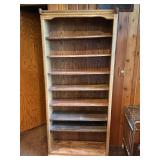 Oak Bookshelf with Small Round Pedestal Table – Vintage Wood Furniture Pair