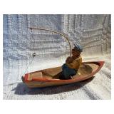 Vintage Scandinavian Hand Carved Wood Fisherman Scene w/ Boat – Nautical Folk Art Norway Sweden