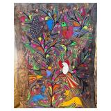 Pair Hand Painted Mexican Amate Bark Paintings – Folk Art Birds & Animals – Tree of Life Style”