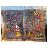 Pair Hand Painted Mexican Amate Bark Paintings – Folk Art Birds & Animals – Tree of Life Style”